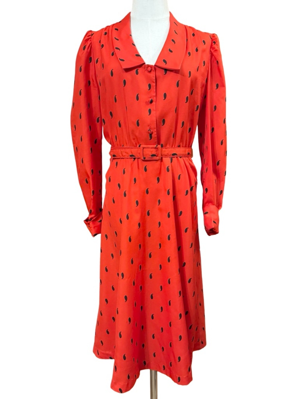 Vintage Red Patterned Button Down Dress With Matching Belt
